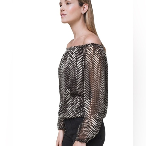 WHBM ombre polka dot peasant blouse black/ecru lined off the shoulder medium - Picture 4 of 12